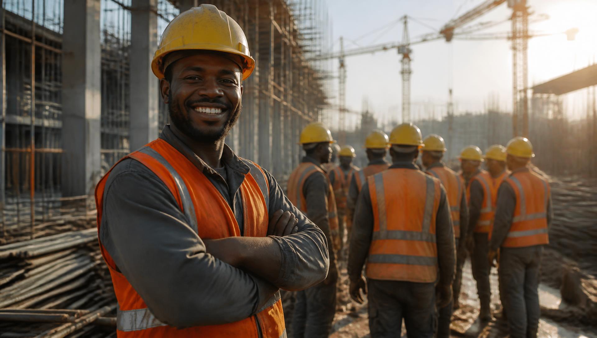 Construction crew in hard hats and reflective vests